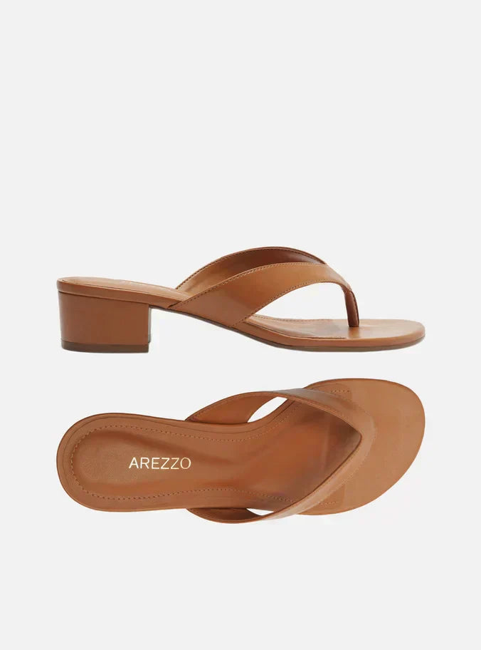 Tamanco Marrom Salto Baixo Tiras Flip Flop