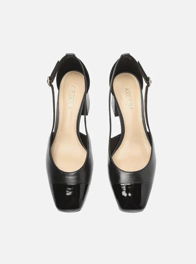 Scarpin Preto Couro Salto Bloco Vazado Verniz