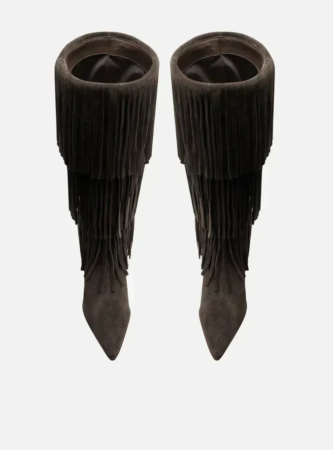 Bota Marrom Café Suede Cano Médio Bloco Franjas