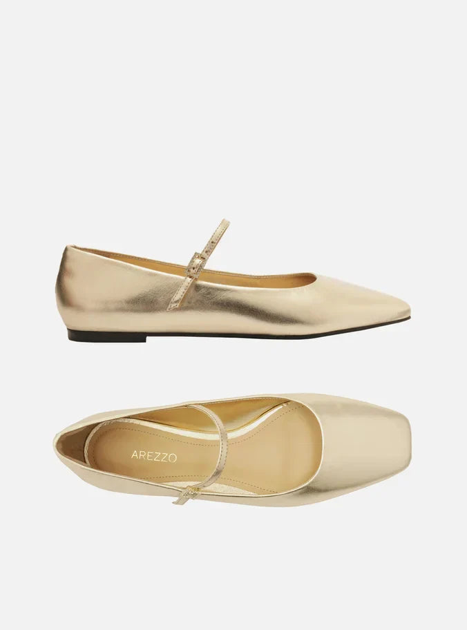 Sapatilha Dourada Couro Bico Quadrado