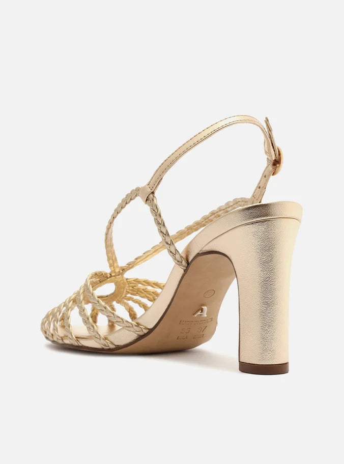 Sandália Dourada Salto Alto Tiras Huarache