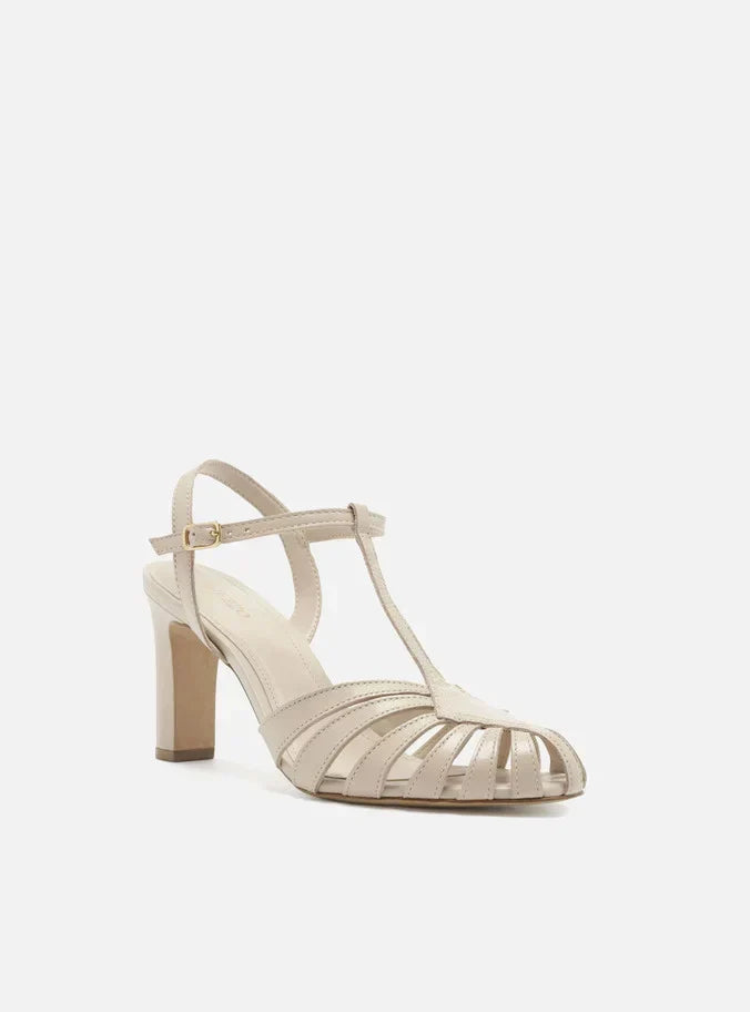 Sandália Branca Couro Salto Bloco Multi Tiras