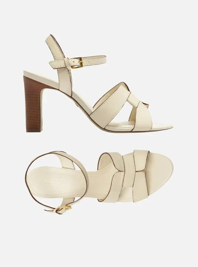 Sandália Branca Couro Salto Médio Bloco