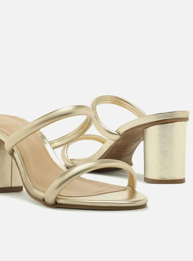 Tamanco Dourada Salto Bloco Duas Tiras Aberta