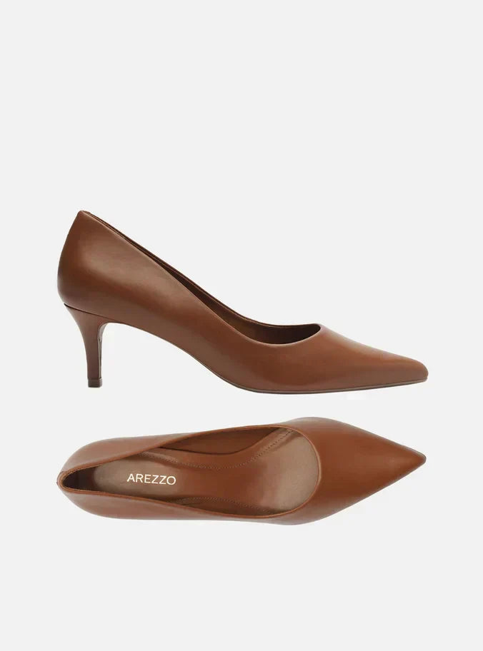 Scarpin Marrom Couro Salto Baixo Fino Bico Fino