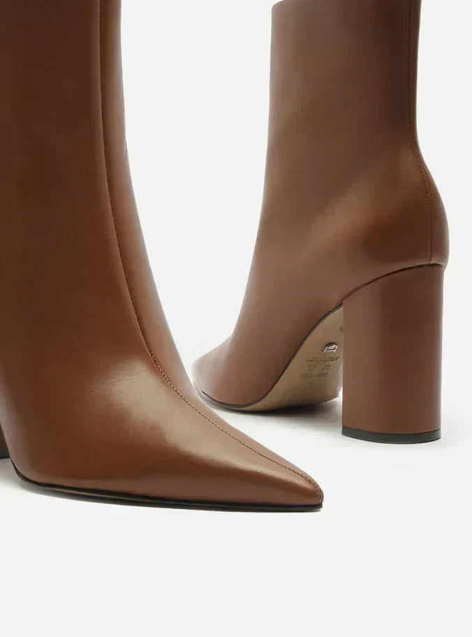 Bota Caramelo Couro Cano Curto Salto Alto Básica