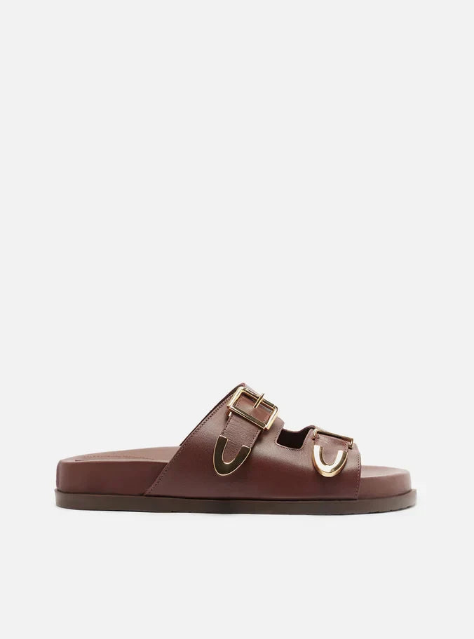 Papete Marrom Couro Tiras Metais Fivela