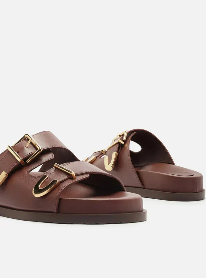 Papete Marrom Couro Tiras Metais Fivela