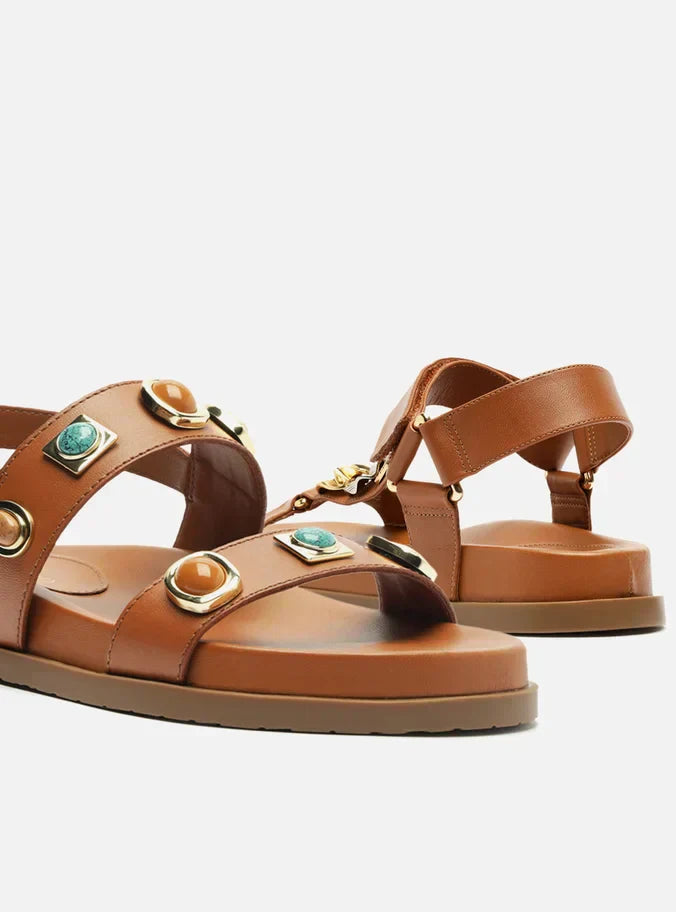 Sandália Papete Marrom Couro Mix Pedras