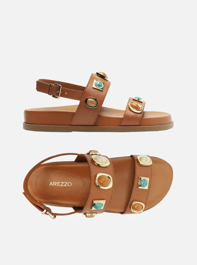 Sandália Papete Marrom Couro Mix Pedras