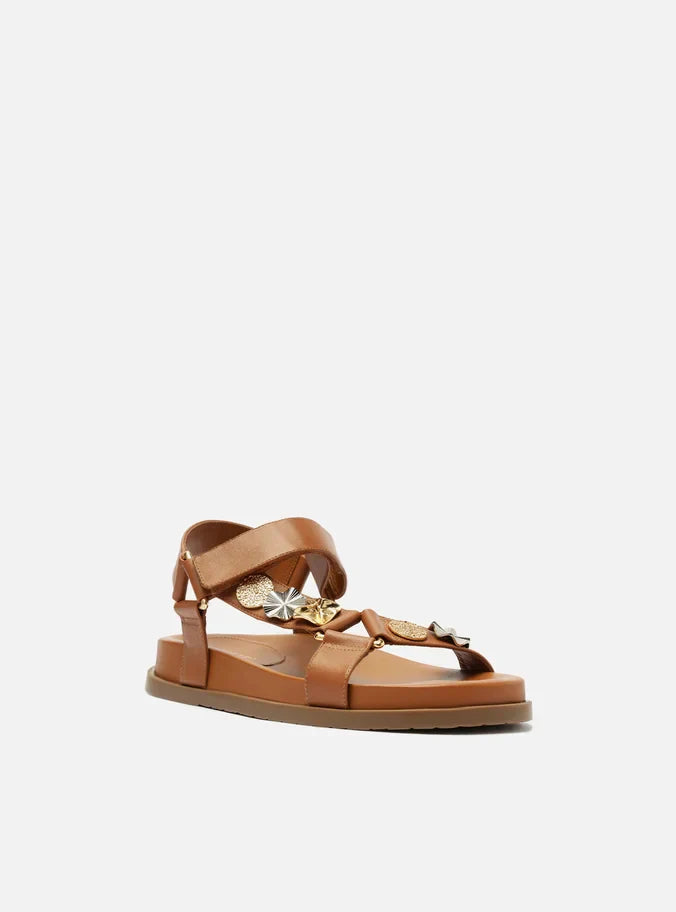 Sandália Papete Marrom Couro Mix Metais