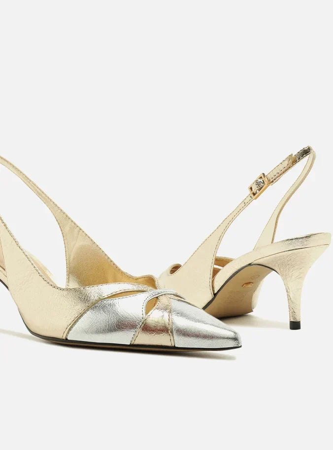 Scarpin Dourado Couro Salto Kitten Slingback Bicolor