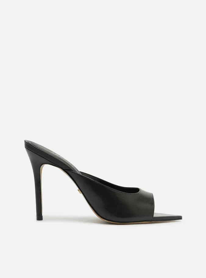 Mule Preta Couro Salto Alto Fino Bico Folha