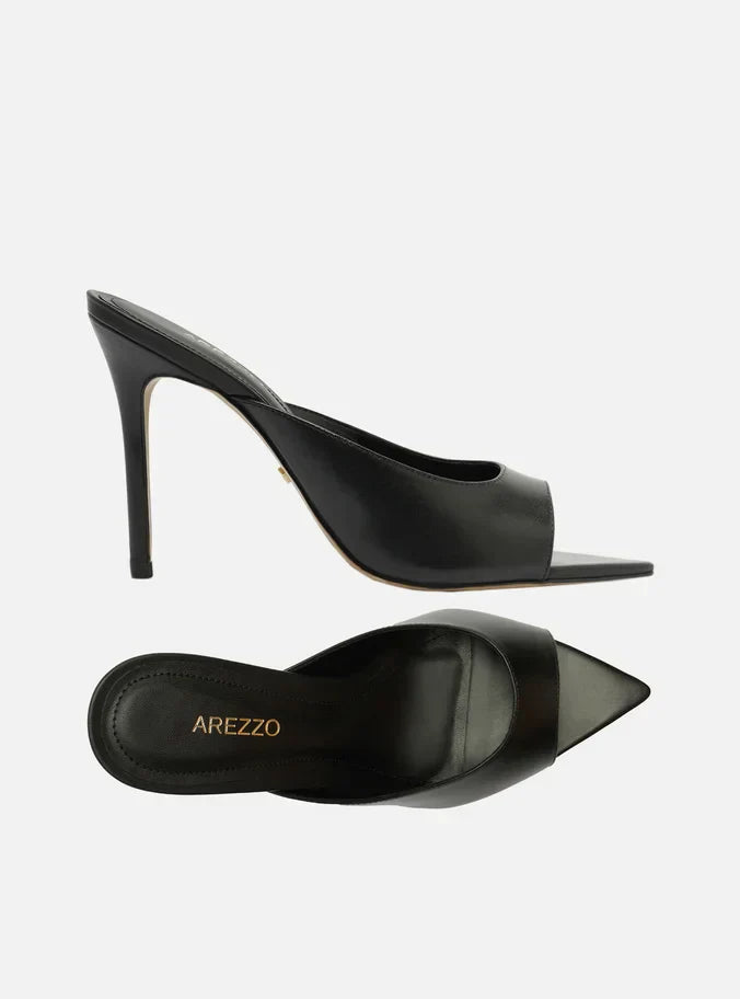 Mule Preta Couro Salto Alto Fino Bico Folha