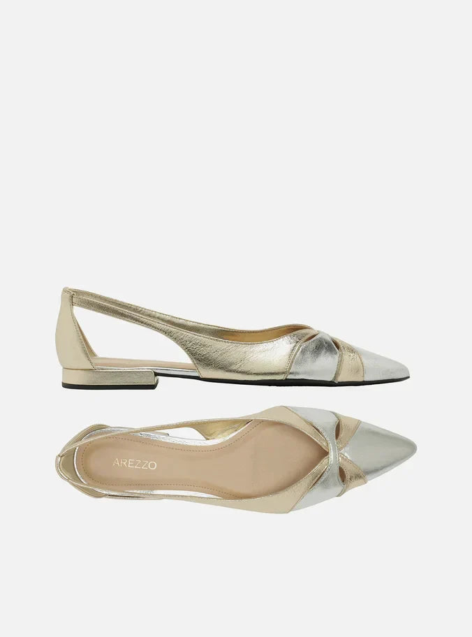 Sapatilha Dourada Couro Bico Fino Vazada Bicolor