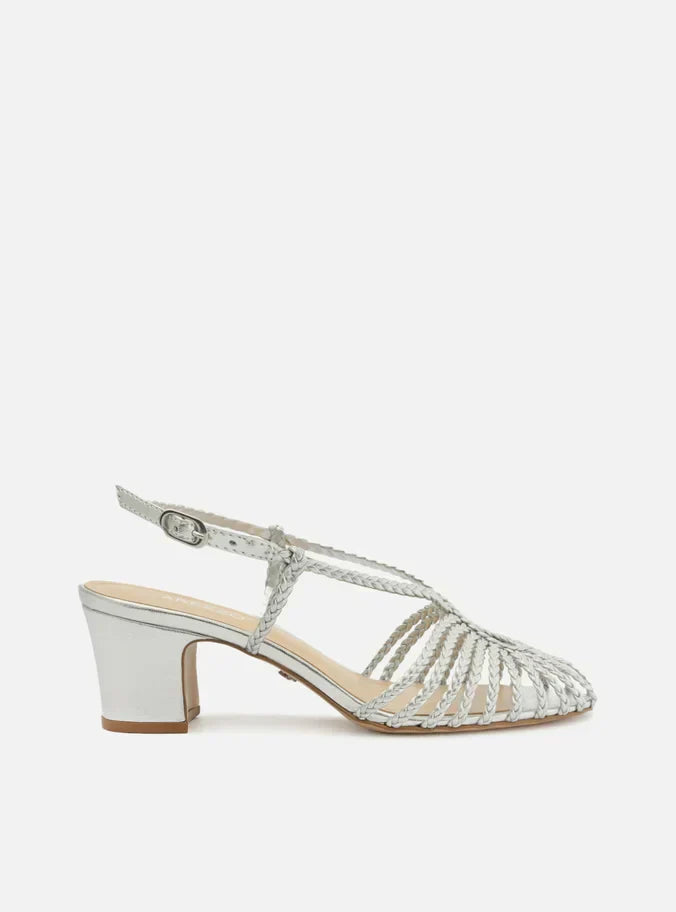 Sandália Prata Salto Bloco Tiras Trançadas Gota