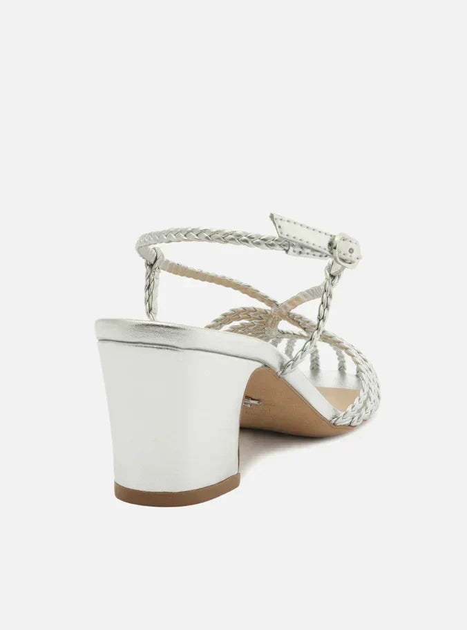 Sandália Prata Salto Bloco Tiras Trançadas Gota