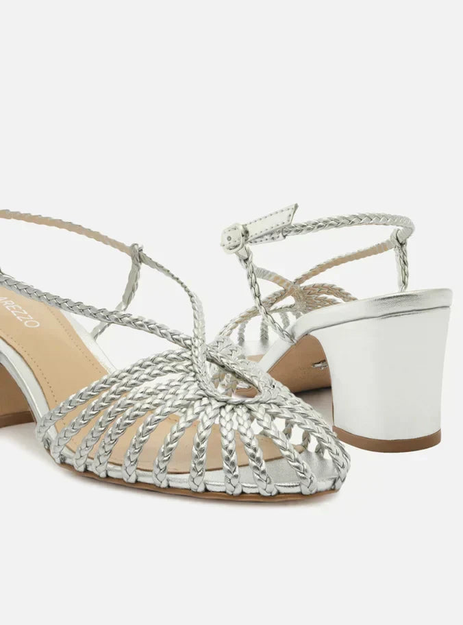 Sandália Prata Salto Bloco Tiras Trançadas Gota