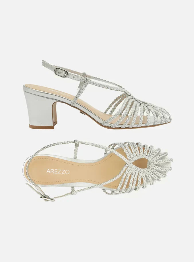 Sandália Prata Salto Bloco Tiras Trançadas Gota
