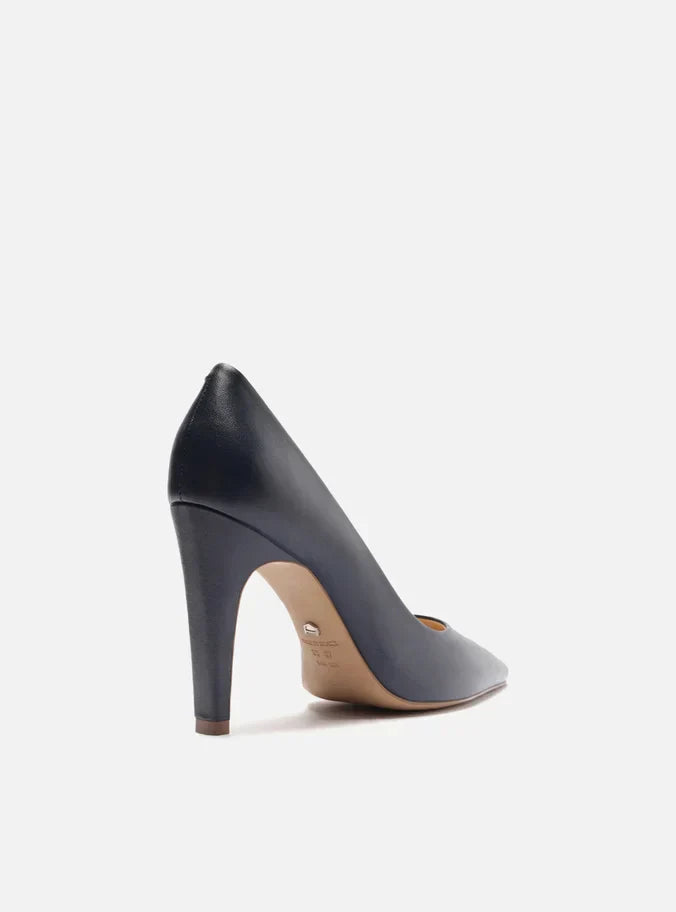Scarpin Azul Couro Salto Alto Bico Fino