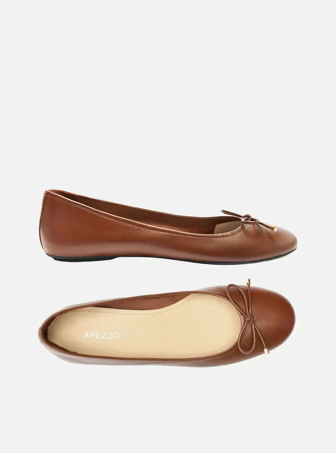 Sapatilha Marrom Couro Bico Redondo Lacinho