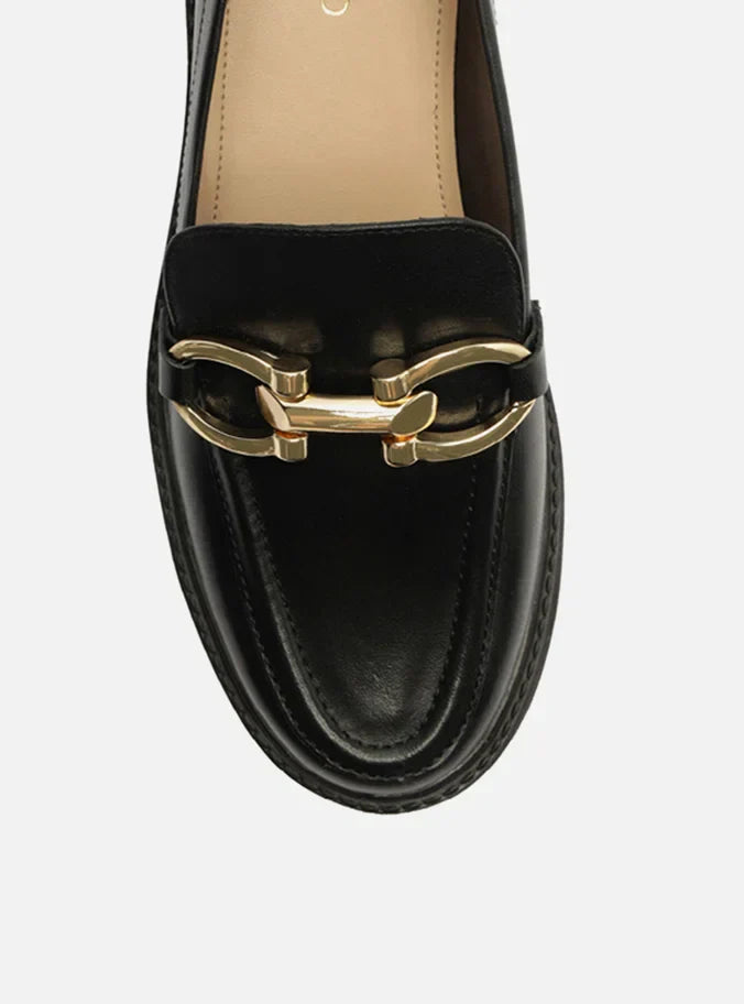 Mocassim Preto Couro Salto Bloco Bridão