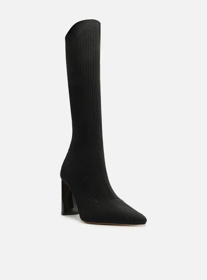 Bota Skinny Preta Knit Cano Longo Salto Bloco