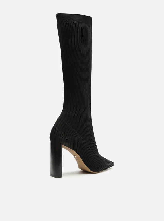 Bota Skinny Preta Knit Cano Longo Salto Bloco