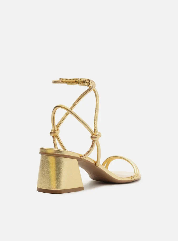 Sandália Dourada Salto Bloco Tiras Knot