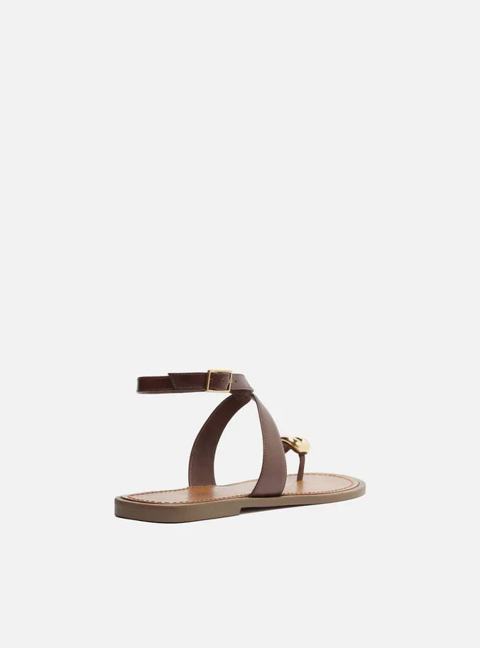 Sandália Rasteira Marrom Couro Metal Bold