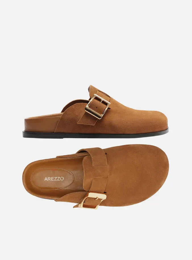 Clog Sabot Marrom Acamurçada Rasteira Fivela