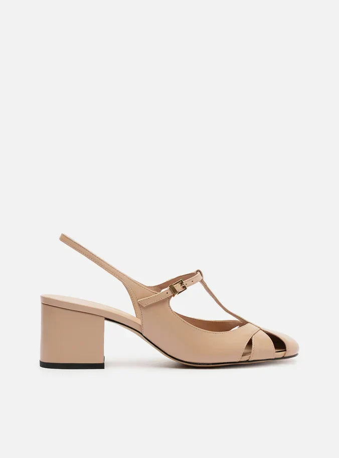 Sapato Boneca Bege Couro Slingback Recortes