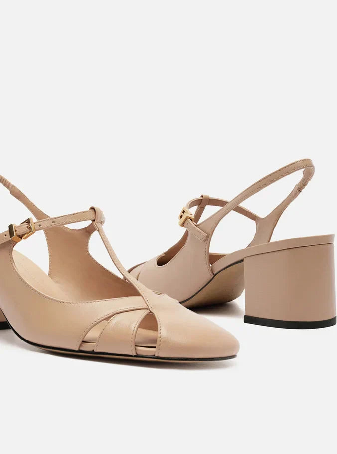 Sapato Boneca Bege Couro Slingback Recortes