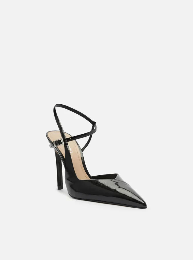 Scarpin Preto Salto Alto Slingback Cruzado