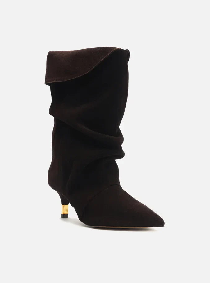 Bota Marrom Café Suede Cano Médio Salto Fino Slouch