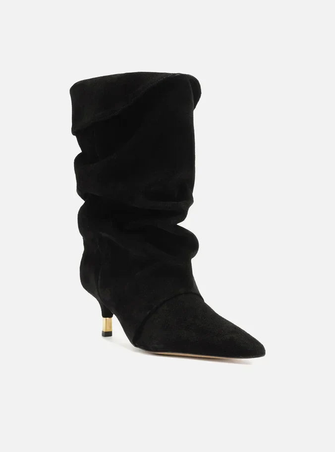 Bota Preta Suede Cano Médio Salto Fino Slouch