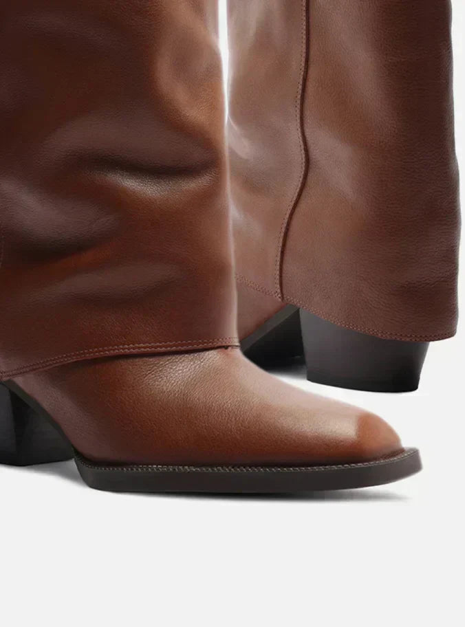 Bota Caramelo Couro Cano Longo Polaina Folk