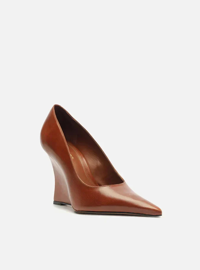 Scarpin Caramelo Couro Salto Anabela Bico Fino