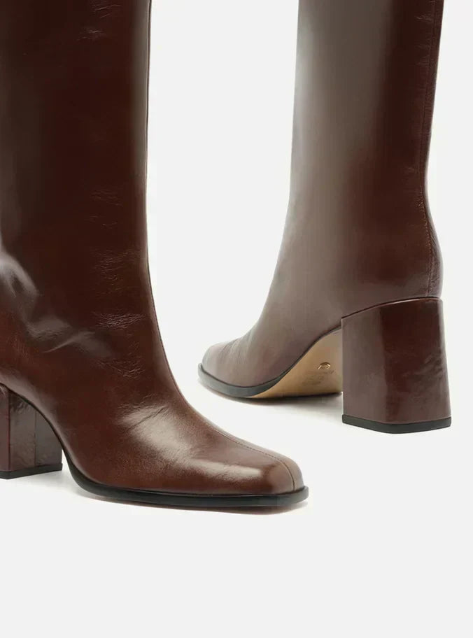 Bota Marrom Couro Cano Médio Bloco Montaria