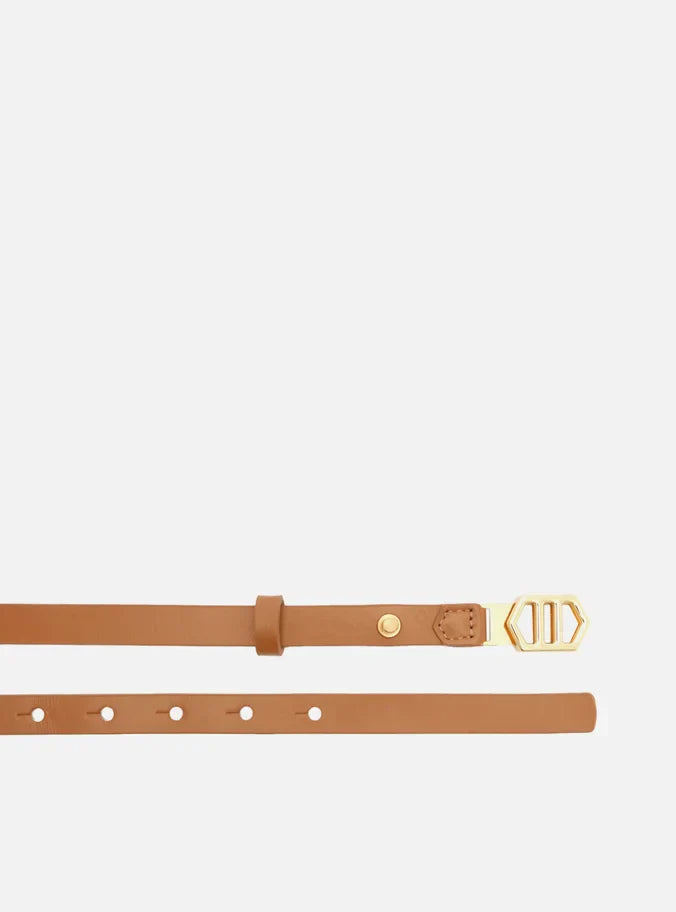 Cinto Marrom Couro Fino Fivela Hexagonal