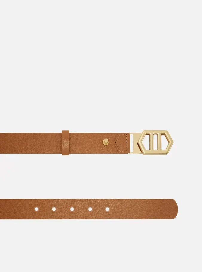 Cinto Marrom Couro Médio Fivela Hexagonal