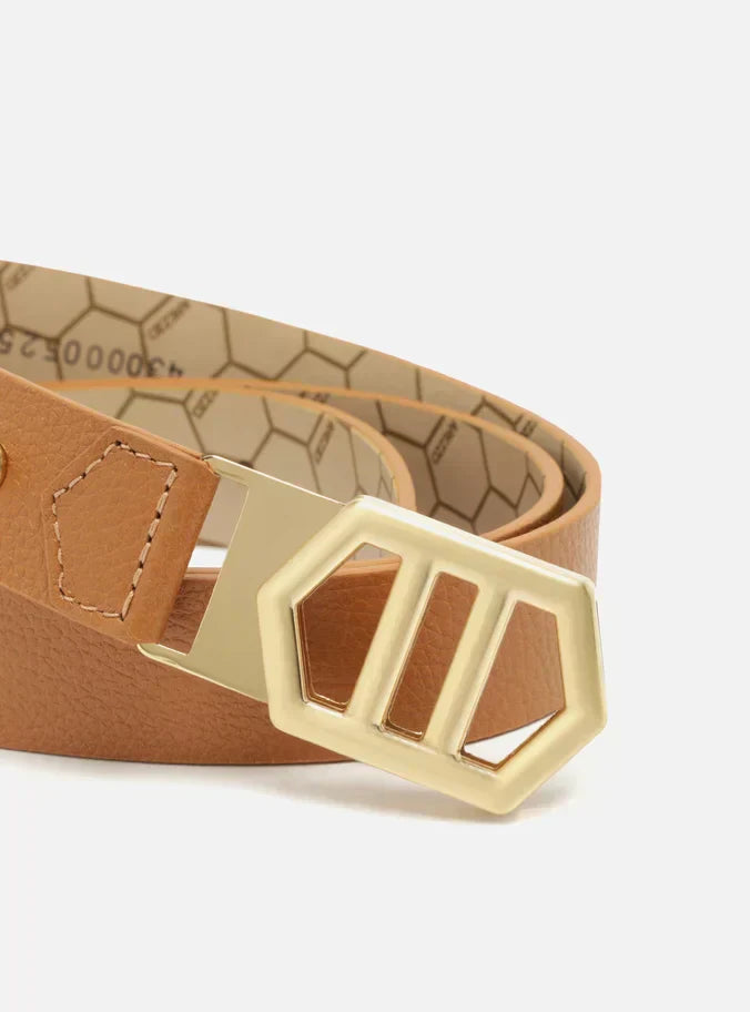 Cinto Marrom Couro Médio Fivela Hexagonal