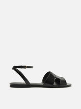 Rasteira Preta Couro Tira Vazada Fivela