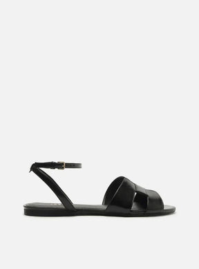 Rasteira Preta Couro Tira Vazada Fivela