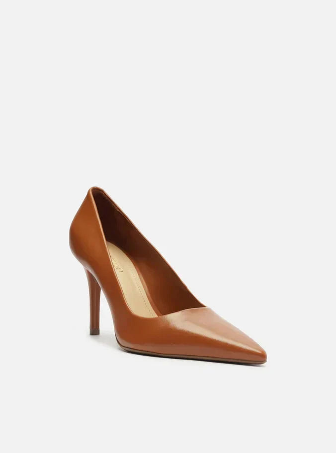 Scarpin Marrom Couro Salto Médio Bico Fino