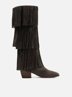 Bota Marrom Café Suede Cano Médio Bloco Franjas