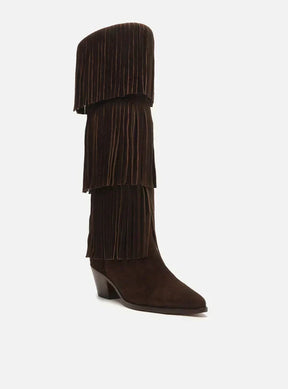 Bota Marrom Café Suede Cano Médio Bloco Franjas