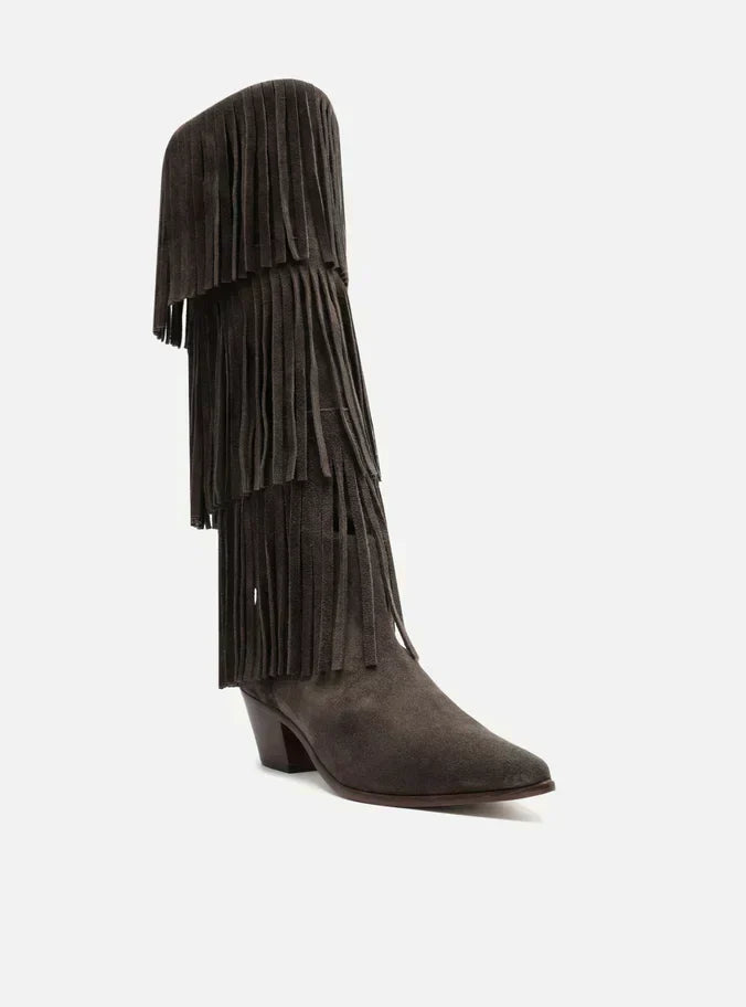 Bota Marrom Café Suede Cano Médio Bloco Franjas