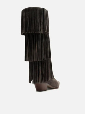 Bota Marrom Café Suede Cano Médio Bloco Franjas