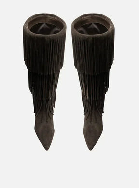 Bota Marrom Café Suede Cano Médio Bloco Franjas